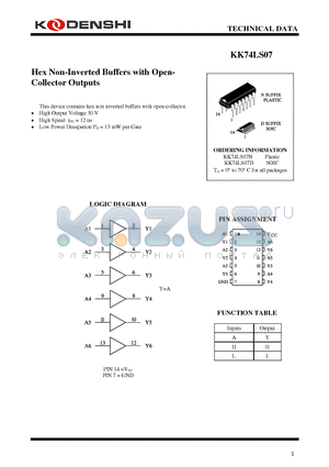 KK74LS07 datasheet - Hex Non-Inverted Buffers with Open- Collector Outputs