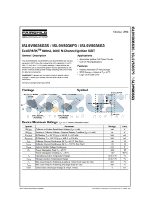 ISL9V5036S3S datasheet - EcoSPARKTM 500mJ, 360V, N-Channel Ignition IGBT