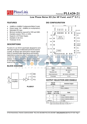 PLL620-21DC datasheet - Low Phase Noise XO (for HF Fund. and 3-rd O.T.)