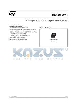 M68AW512DL70ZB1T datasheet - 8 Mbit 512K x16 3.0V Asynchronous SRAM