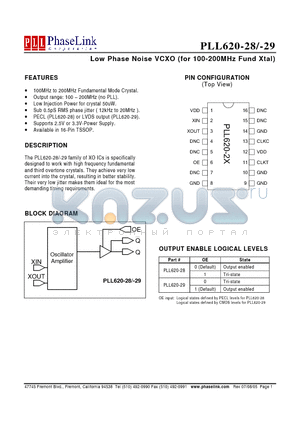 PLL620-2XOILR datasheet - Low Phase Noise VCXO (for 100-200MHz Fund Xtal)