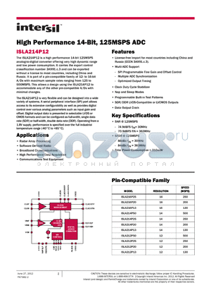 ISLA212P13 datasheet - High Performance 14-Bit, 125MSPS ADC