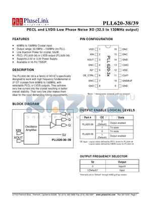 PLL620-3XOI datasheet - PECL and LVDS Low Phase Noise XO (32.5 to 130MHz output)