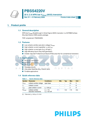 PBSS4220V datasheet - 20 V, 2 A NPN low VCEsat (BISS) transistor