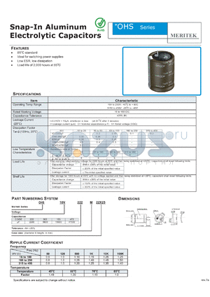 MHS16V222M22X25 datasheet - Snap-In Aluminum Electrolytic Capacitors