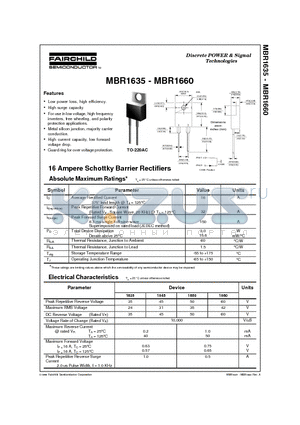 MBR1660 datasheet - 16 Ampere Schottky Barrier Rectifiers