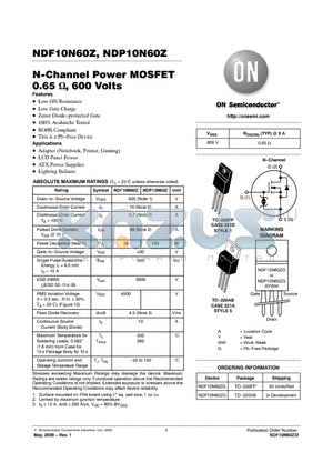 NDP10N60ZG datasheet - N-Channel Power MOSFET 0.65 , 600 Volts