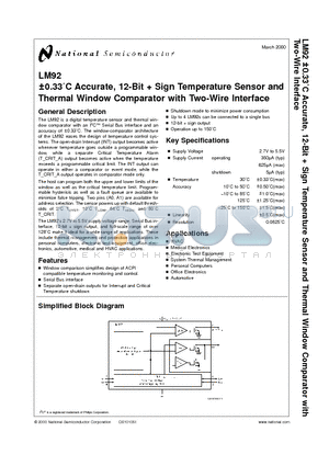 LM92CIM datasheet - a0.33`C Accurate, 12-Bit  Sign Temperature Sensor and Thermal Window Comparator with Two-Wire Interface