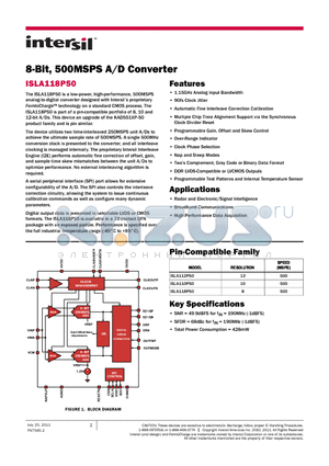 ISLA118P50_11 datasheet - 8-Bit, 500MSPS A/D Converter