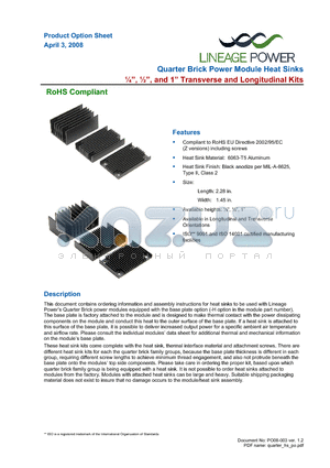 MHSL10020Z datasheet - Eighth Brick Power Module Heat Sinks