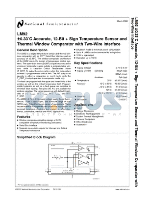 LM92 datasheet - a0.33`C Accurate, 12-Bit  Sign Temperature Sensor and Thermal Window Comparator with Two-Wire Interface