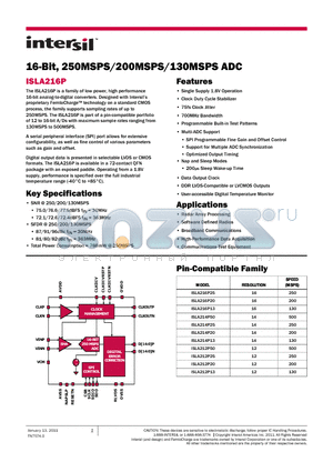 ISLA216P datasheet - 16-Bit, 250MSPS/200MSPS/130MSPS ADC