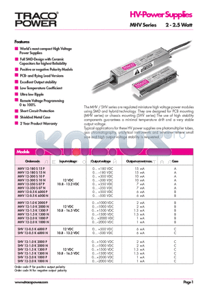 MHV12-0.5K6000N datasheet - HV-PowerSupplies -(MHV Series 2 - 2.5 Watt)