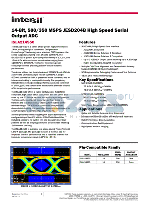 ISLA214S35IR1Z datasheet - 14-Bit, 500/350 MSPS JESD204B High Speed Serial Output ADC