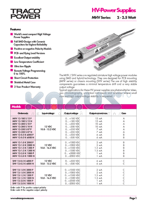 MHV12-0.5K6000P datasheet - HV-PowerSupplies -(MHV Series 2 - 2.5 Watt)