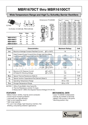MBR1670CT datasheet - Wide Temperature Range and High Tjm Schottky Barrier Rectifiers