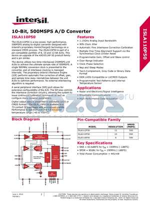 ISLA110P50IRZ datasheet - 10-Bit, 500MSPS A/D Converter