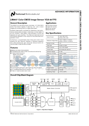 LM96-1/4-LENS-KIT datasheet - LM9647 Color CMOS Image Sensor VGA 68 FPS