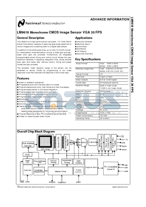 LM9618 datasheet - Monochrome CMOS Image Sensor VGA 30 FPS
