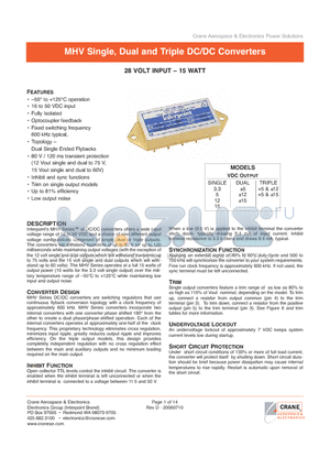 MHV2805SF/883 datasheet - MHV Single, Dual and Triple DC/DC Converters
