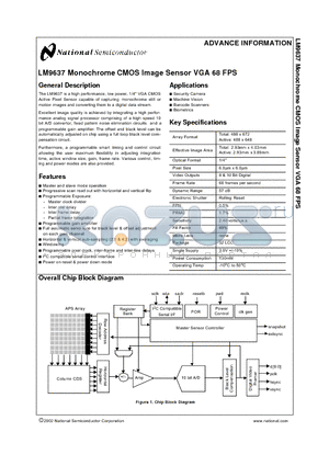 LM9637 datasheet - LM9637 Monochrome CMOS Image Sensor VGA 68 FPS