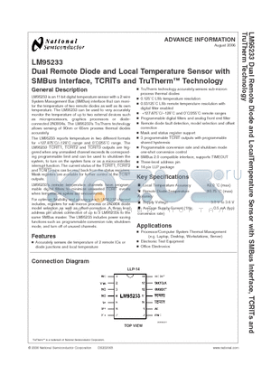 LM95233 datasheet - Dual Remote Diode and Local Temperature Sensor with SMBus Interface, TCRITs and TruTherm Technology