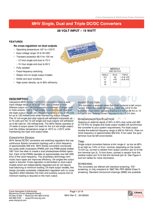 MHV2812S datasheet - Operating temperature -55` to 125`C Input voltage range 16 to 50 VDC