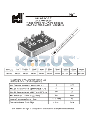 PBT120 datasheet - 27.5 AMPERES THREE-PHASE FULL-WAVE BRIDGES HEAT SINK AND CHASSIS MOUNTING