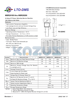 MBR20100 datasheet - 20 Amp HT Power Schottky Barrier Rectifier
