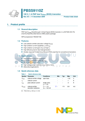 PBSS9110Z datasheet - 100 V, 1 A PNP low VCEsat (BISS) transistor