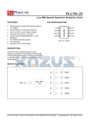 PLL701-25SCLR datasheet - Low EMI Spread Spectrum Multiplier Clock