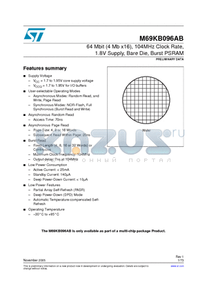 M69KB096AB80CW8 datasheet - 64 Mbit (4Mb x 16), 104MHz Clock Rate, 1.8V Supply, Bare Die, Burst PSRAM