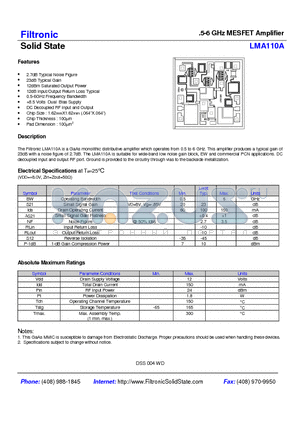 LMA110 datasheet - .5-6 GHz MESFET Amplifier