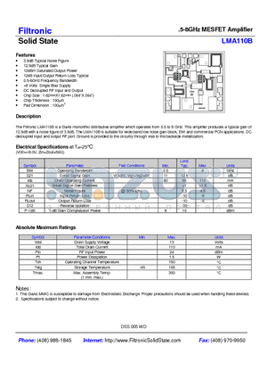 LMA110 datasheet - .5-8GHz MESFET Amplifier