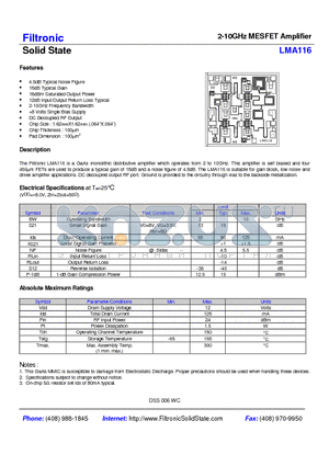 LMA116 datasheet - 2-10GHz MESFET Amplifier