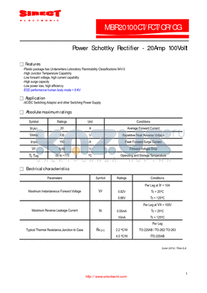 MBR20100CG datasheet - Power Schottky Rectifier - 20Amp 100Volt