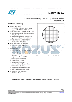 M69KB128AA70AW8 datasheet - 128 Mbit (8Mb x16) 1.8V Supply, Burst PSRAM