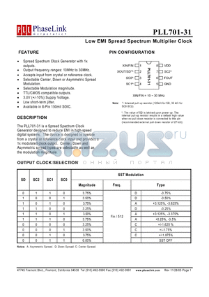 PLL701-31SCL datasheet - Low EMI Spread Spectrum Multiplier Clock