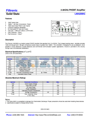 LMA208G datasheet - 2-26GHz PHEMT Amplifier