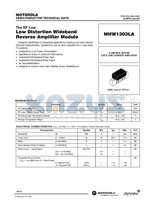 MHW1303LA datasheet - The RF Line Low Distortion Wideband Reverse Amplifier Module
