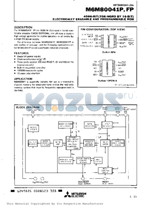 M6M80041 datasheet - 4096-BIT (256-WORD BY-180 -BIT) ELECTRICALLY ERASABLE AND PROGRAMMABLE ROM