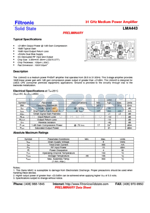 LMA443 datasheet - 31 GHz Medium Power Amplifier