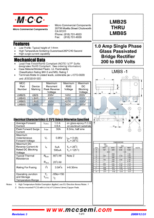LMB2S datasheet - 1.0 Amp Single Phase Glass Passivated Bridge Rectifier 200 to 800 Volts