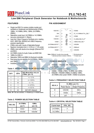 PLL702-02OCR datasheet - Low EMI Peripheral Clock Generator for Notebook & Motherboards