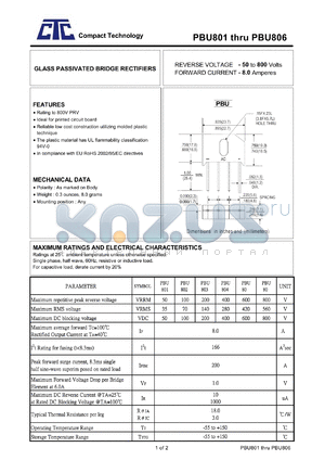 PBU805 datasheet - GLASS PASSIVATED BRIDGE RECTIFIERS