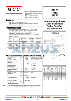 LMB8S-TP datasheet - 1.0 Amp Single Phase Glass Passivated Bridge Rectifier 200 to 800 Volts