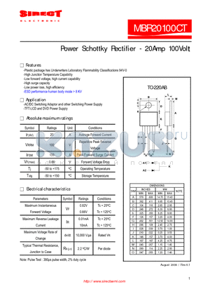 MBR20100CT datasheet - Power Schottky Rectifier - 20Amp 100Volt