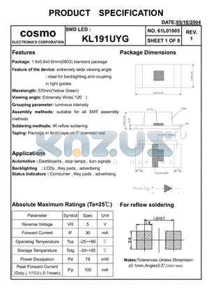 KL-191UYG datasheet - 1.6x0.8x0.6mm(0603) standard package