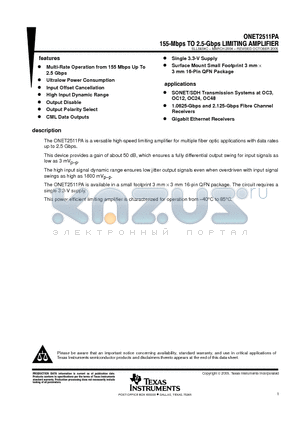 ONET2511PA datasheet - 155-mbps to 2.5-gbps Limiting amplifier