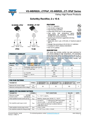 MBR20100CT-1PBF datasheet - Schottky Rectifier, 2 x 10 A